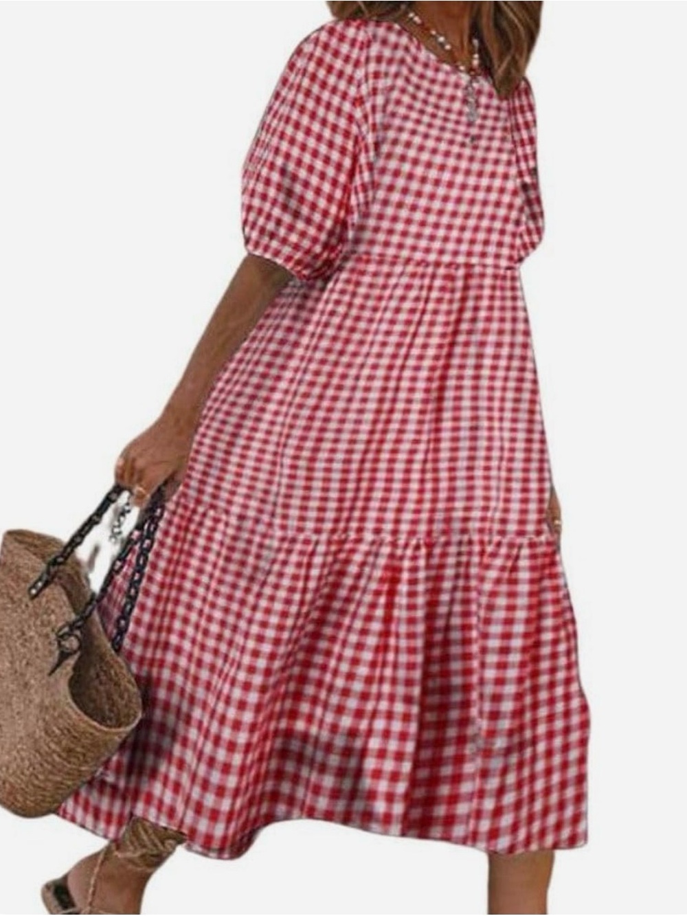 Red Gingham Midi Dress with Puff Sleeves - Women's Casual Tiered Dress